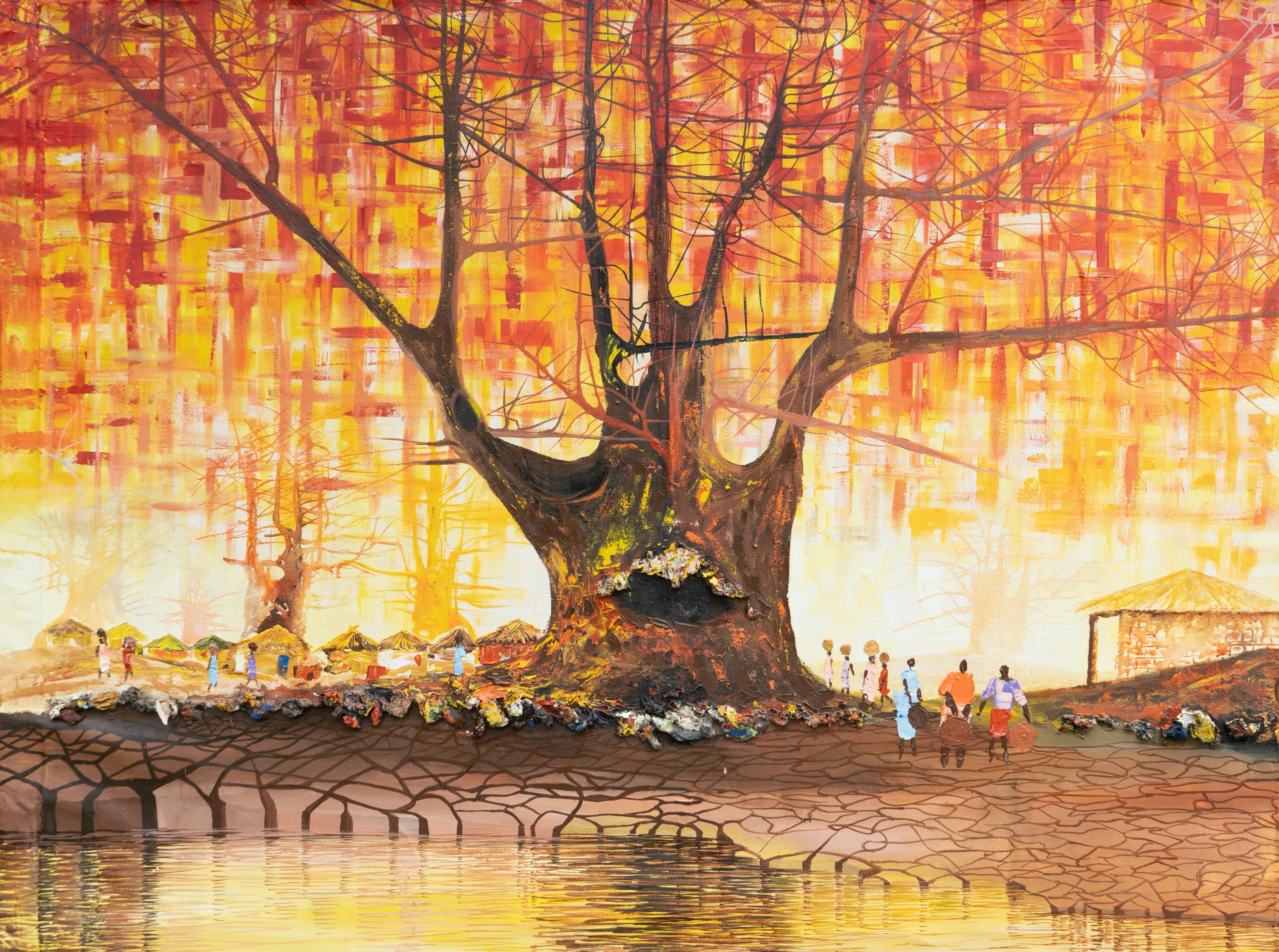 Kobina Nyarko, earlier painting — a baobab tree and village at sunset