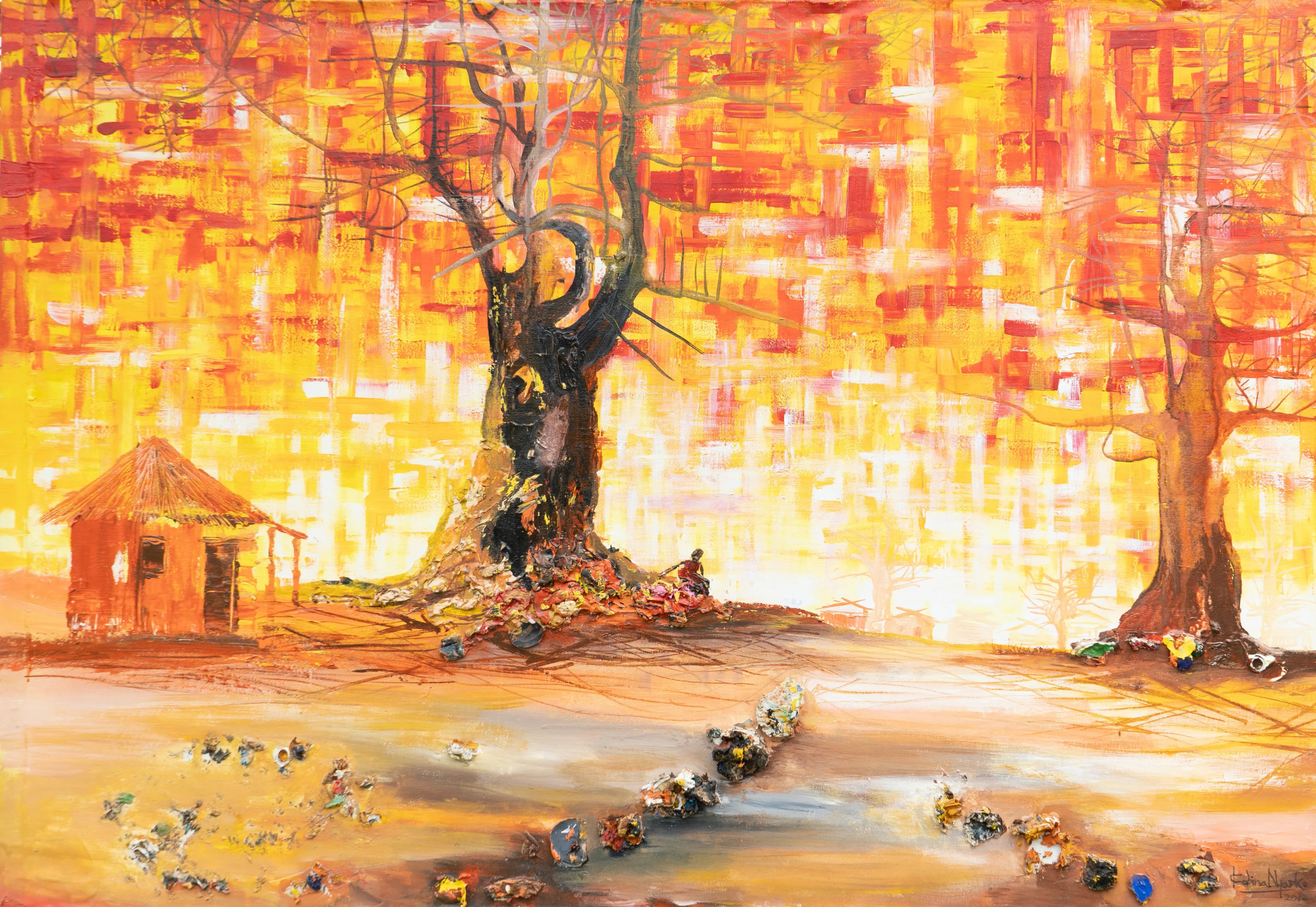 Kobina Nyarko, earlier painting — sunset trees and a hut